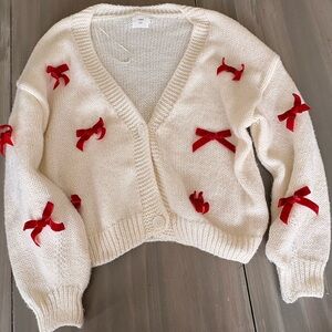 Luna Ivy White Sweater with Red Bow Accents
